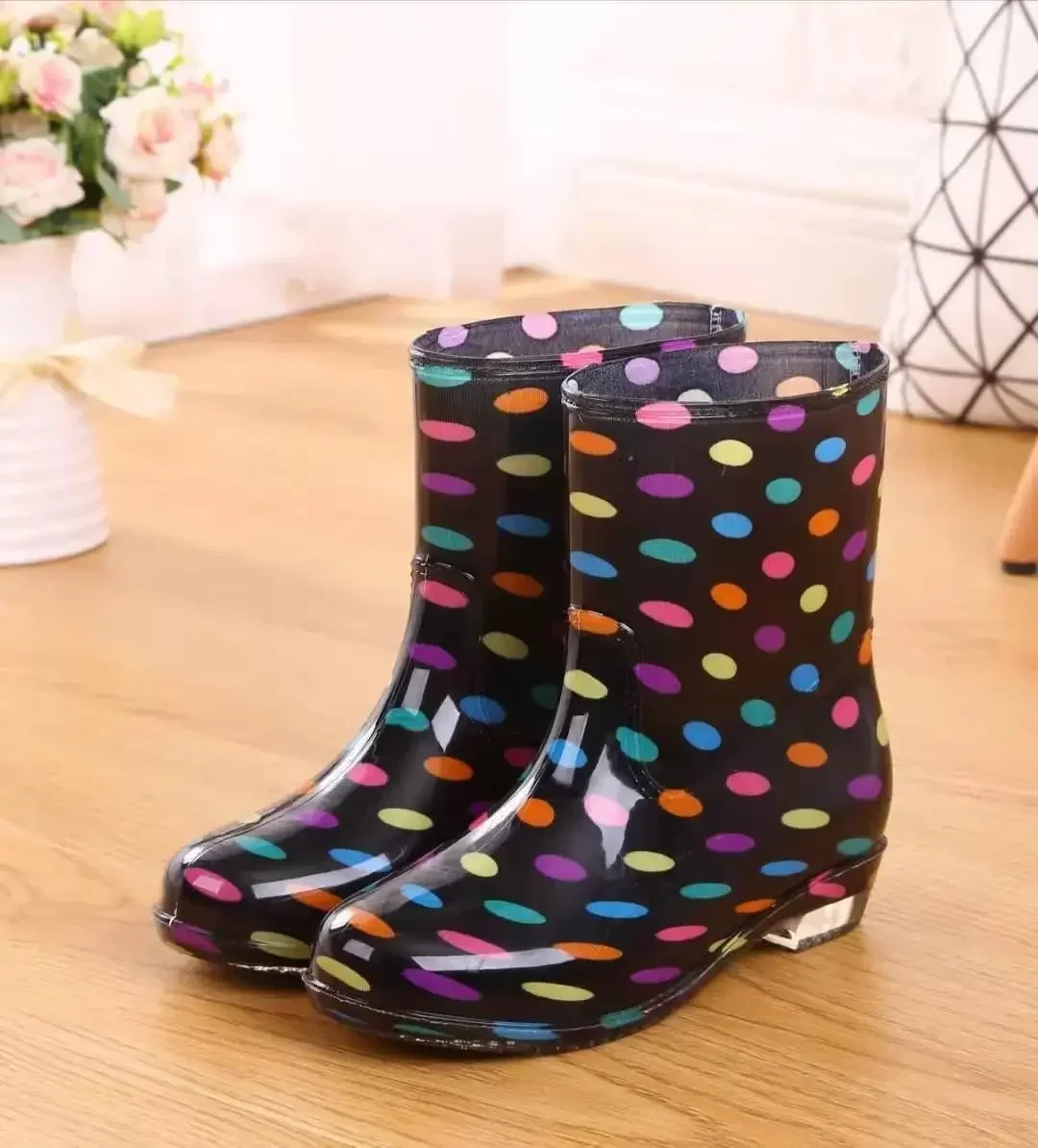 Print Rain Boots Women Waterproof Work Shoes for Girls Non Slip Anti Skip PVC Water Shoes Rainboots Mid-Calf Botas 2024