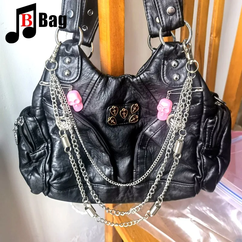 Europe America Vintage Women Girls punk Metal Chain Single Shoulder Underarm Bags Handbags Female PU Leather Large capacity tote