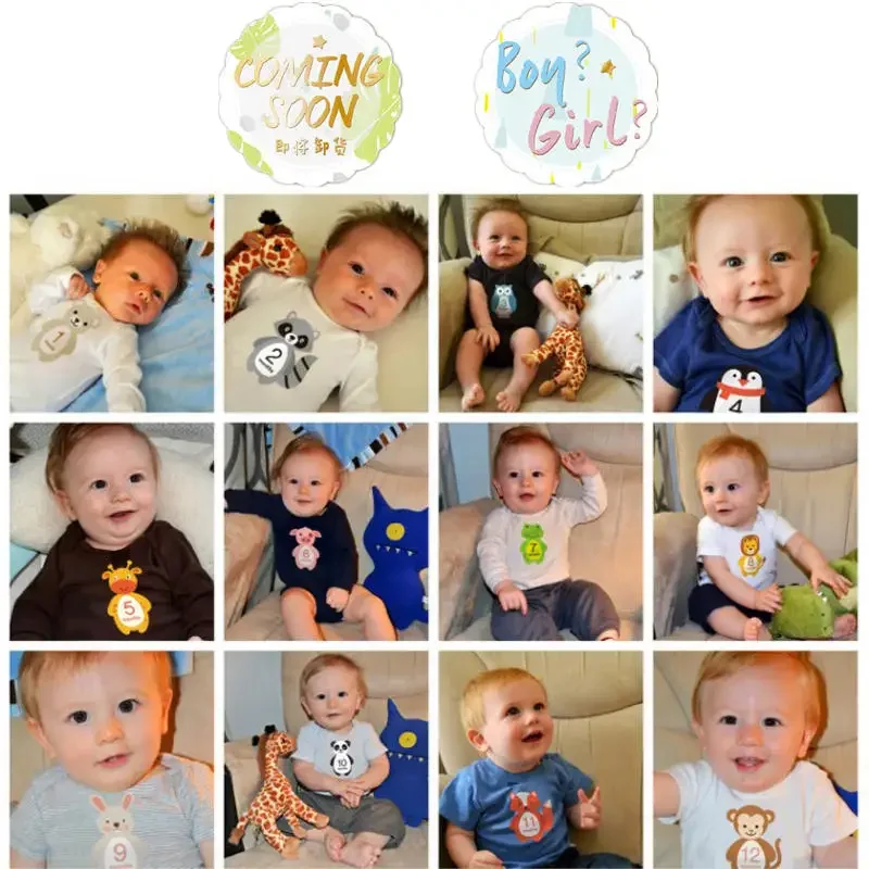 12PCS Baby Milestone Stickers Zuigelingen 1-12 Maanden Groei Record Foto Maandelijkse Stickers DIY Herdenkingsmunt Photo Booth Props