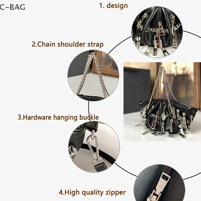 

Панк-стиль с несколькими молниями, очаровательная плиссированная сумка подмышки, сумка высокого качества, роскошный женский вечерний клатч