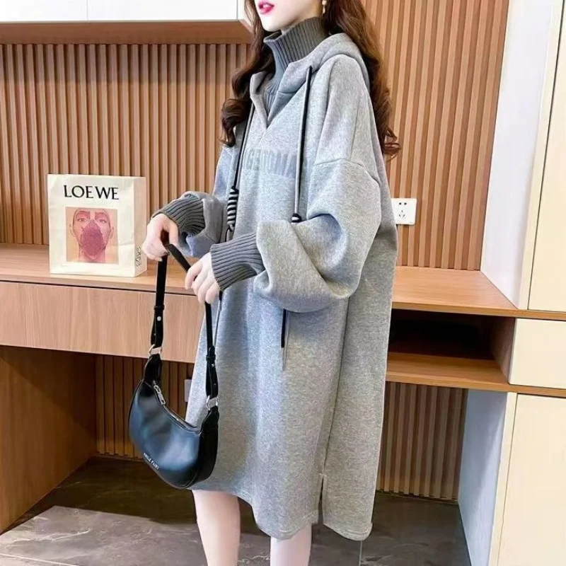 Autumn New Velvet Thickened Hooded High Neck Sweater Dress Women's Color Block Print Letter Drawstring Loose Mid Length Dresses