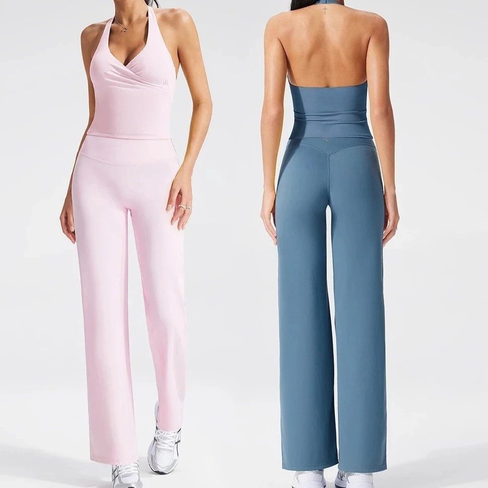 C-B Women 2Pcs Yoga Set Halter V Neck Backless Top Built In Bra High Waist Straight Leg Pants Stretch Gym Pilates Sportswear