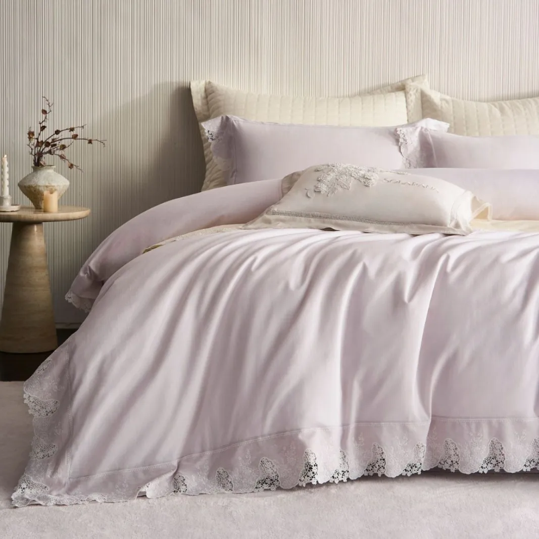 Lyocell Cotton and Linen Blend Soft Silky Floral Lace Edge Princess Bedding Set Duvet Cover Flat/Fitted Bed Sheet Pillowcase 4Pc