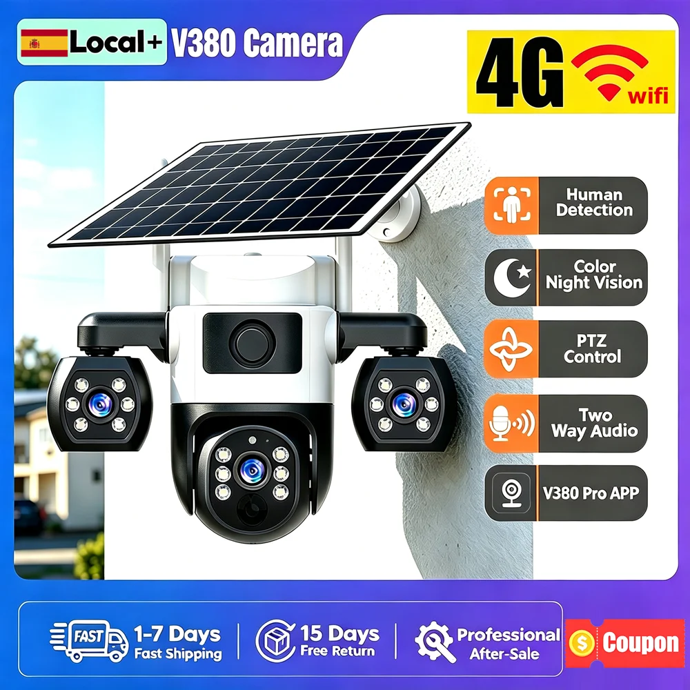 Cámara de seguridad solar con tres lentes, 15 MP, conectividad Wi-Fi y 4G, modelo V380 Pro, cámara de vigilancia inalámbrica para exteriores con detección de movimiento PIR.