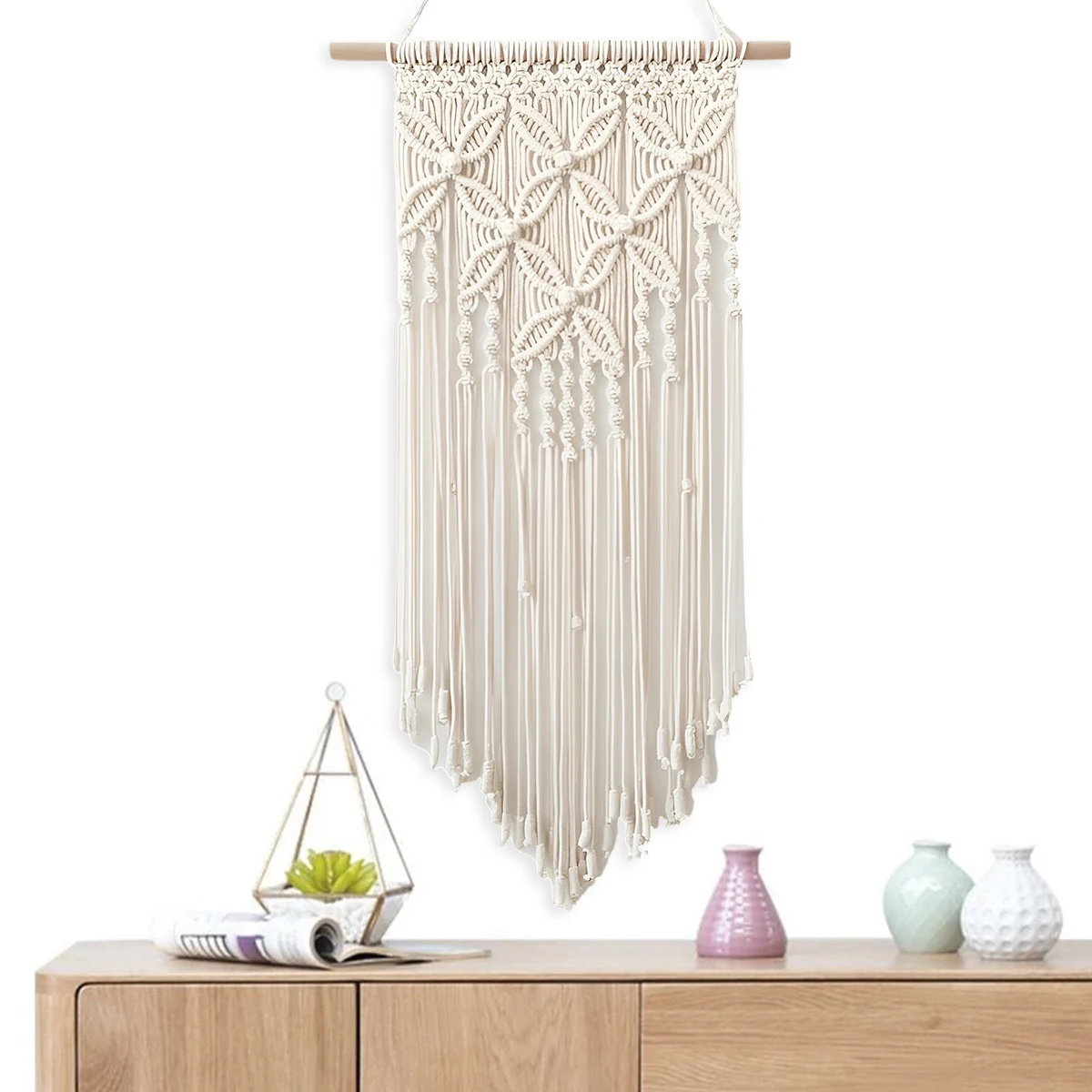 1 Stück Makramee-Wandbehang, beige Quasten-Baumwoll-Häkeldekorationen, handgefertigte gewebte Wandteppiche, Wandkunst für Wohnzimmer-Dekoration
