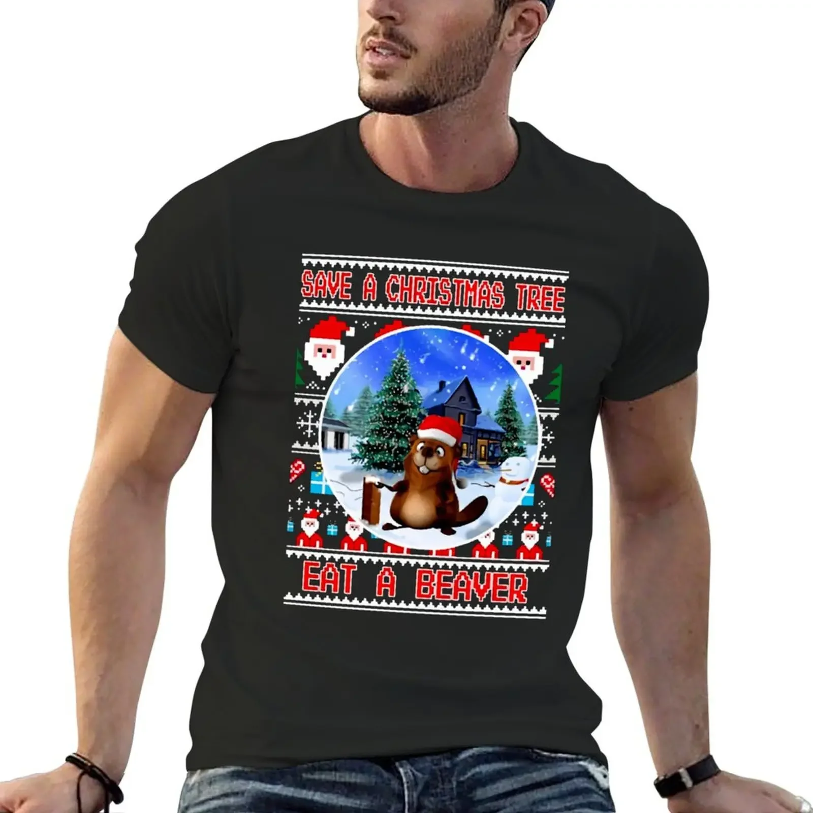 Save a Christmas Tree eat a Beaver Ugly Christmas Sweater T-Shirt man clothes graphic shirts compression shirt men