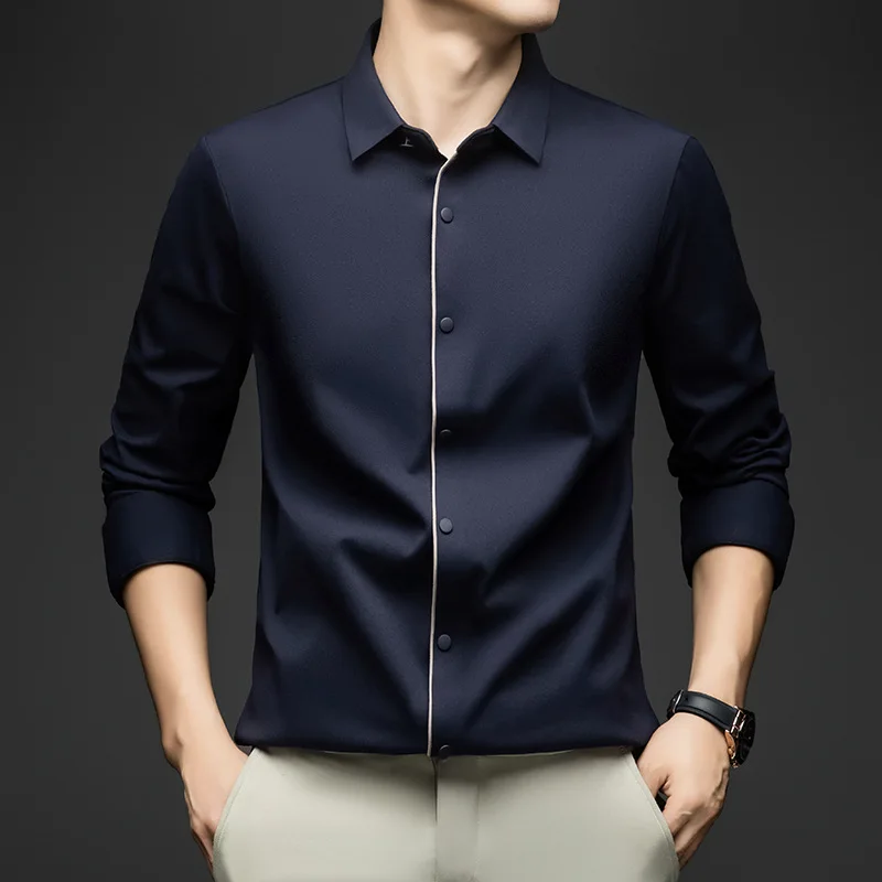 New Jin ammonia seamless brushed men's long sleeved shirt, spring and autumn purple cardigan shirt, casual loose base