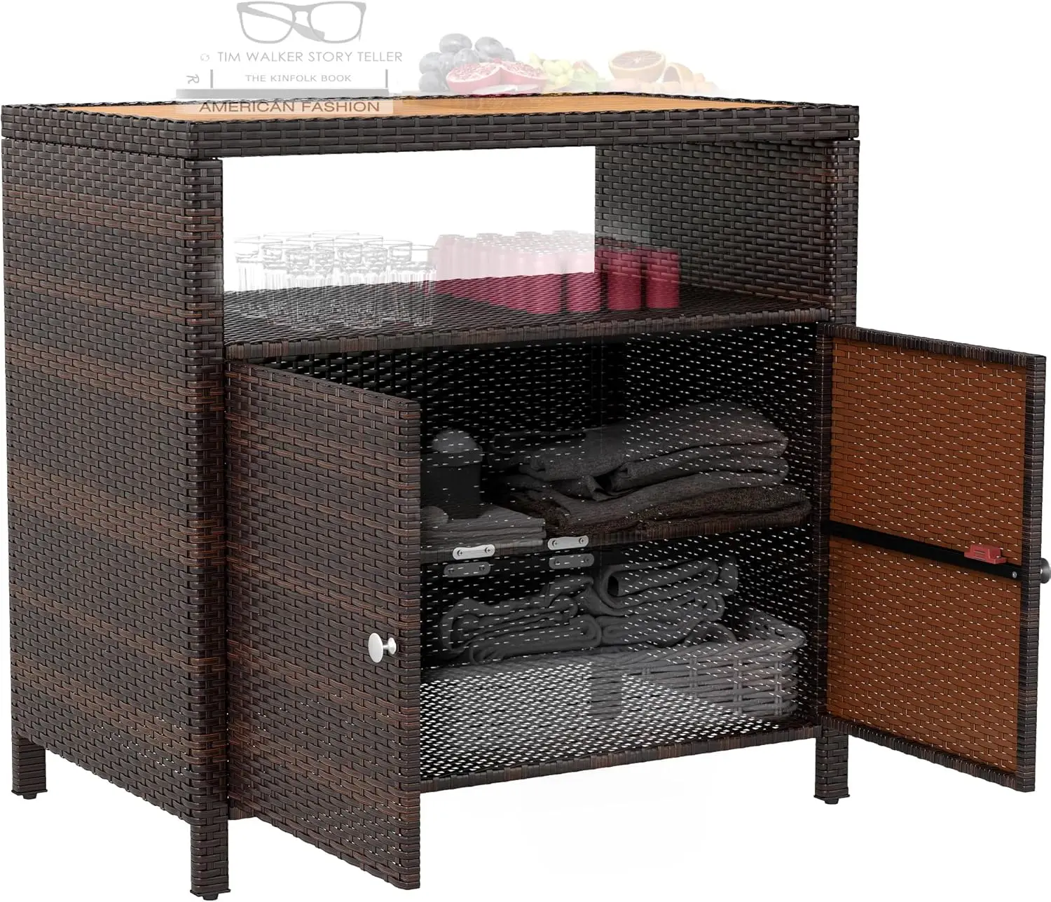 Gabinete de almacenamiento exterior de mimbre, mesa de bar de ratán, encimera de madera de acacia, 2 puertas, estante, aparador tipo buffet, marrón