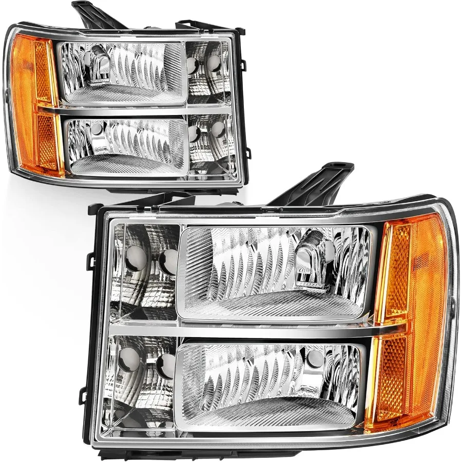 

Headlight Assembly Compatible with 2007-2013 GMC Sierra 1500/07-14 GMC Sierra 2500HD 3500HD Clear Lens Chrome Housing with Amber