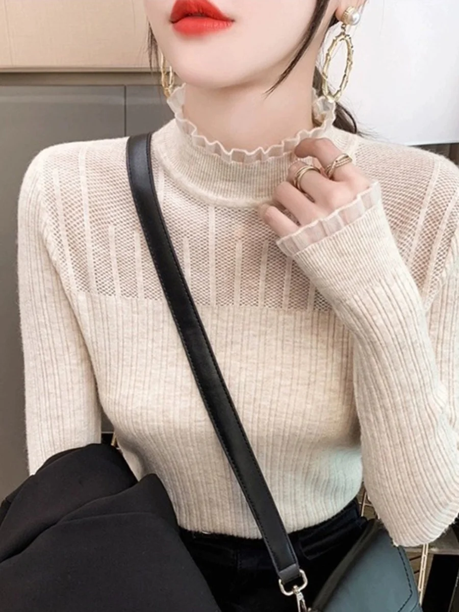 

Весна-Осень 2023, женская облегающая кружевная трикотажная шерстяная основа irt f, трикотаж с высоким воротником, длинный све, обычная длина, боди ape