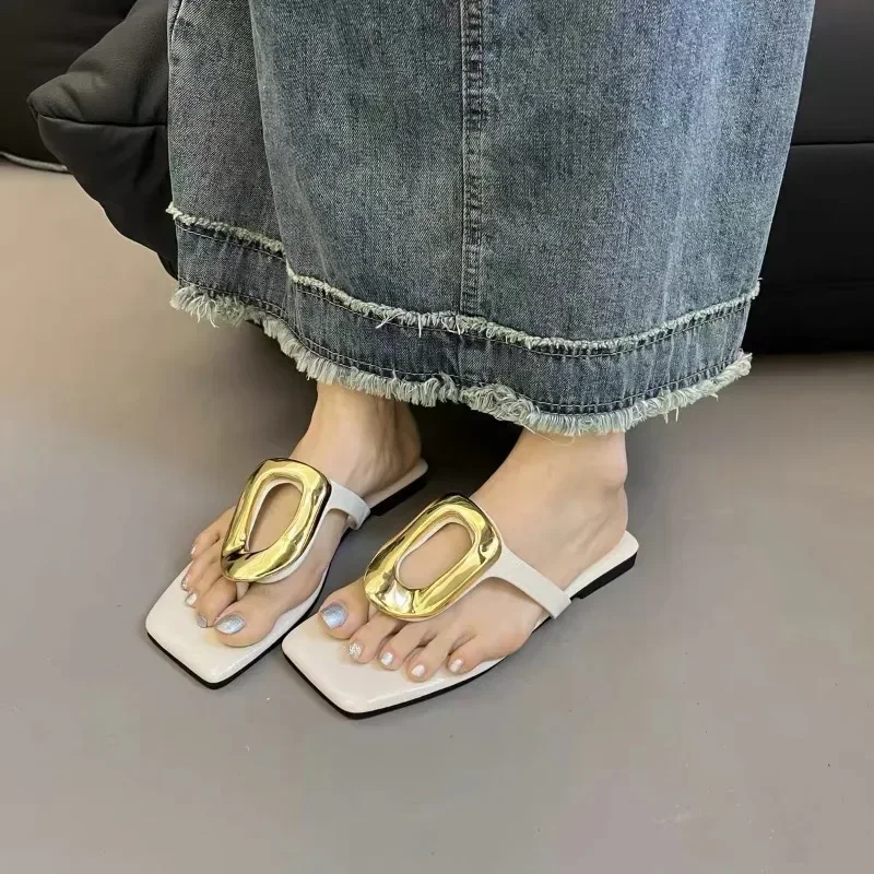 2024 Ladies Shoes Square Toe Women's Slippers Summer Metal Decoration Pinch Toe Solid Outdoor Casual Flat Comfortable Slippers