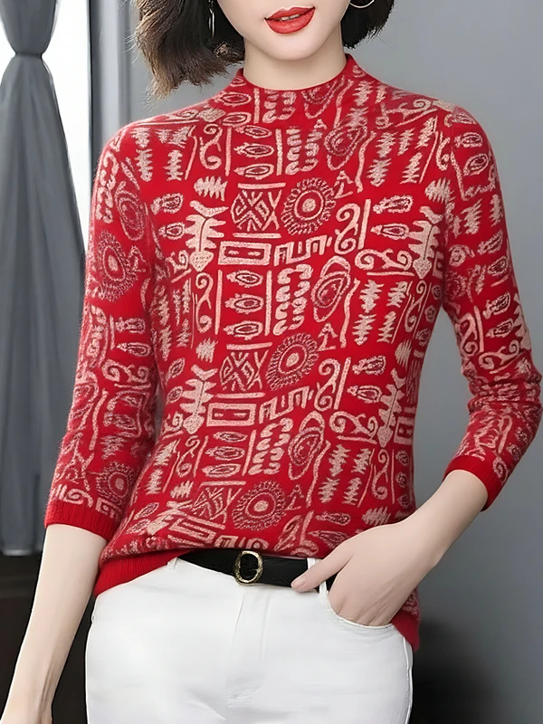 

Элегантный топ с высоким воротником и длинными рукавами с принтом, женская теплая облегающая базовая рубашка, модная стильная футболка из полиэфирного волокна для мам.