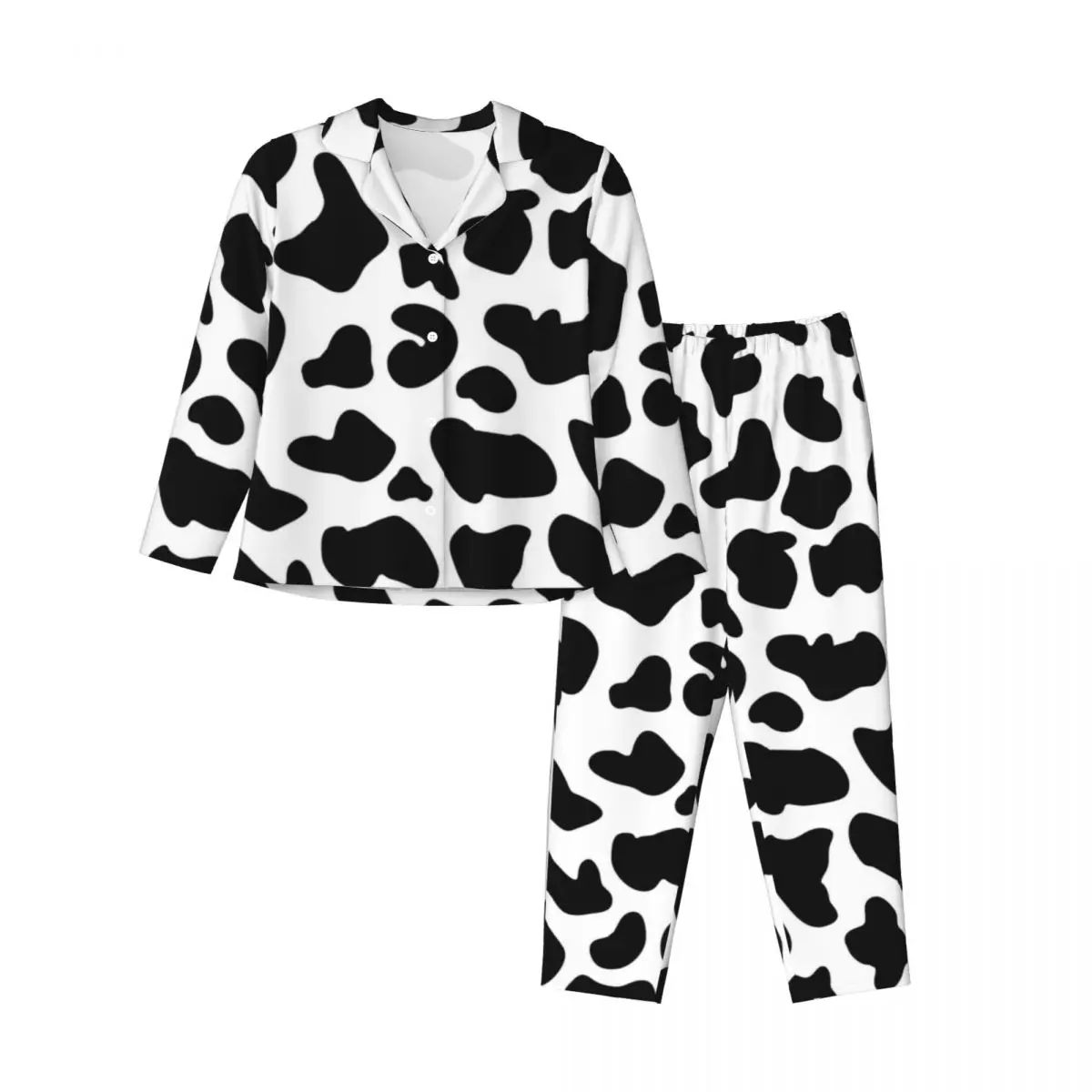 Cow Print Pajama Set Autumn Farm Animal Cute Home Sleepwear Women 2 Pieces Retro Oversized Pattern Nightwear Birthday Present