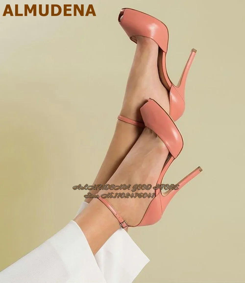 ALMUDENA Women Pink Matte Leather Peep Toe Dress Shoes Thin High Heels Ankle Buckle Strap Concise Pumps Elegant Banquet Shoes