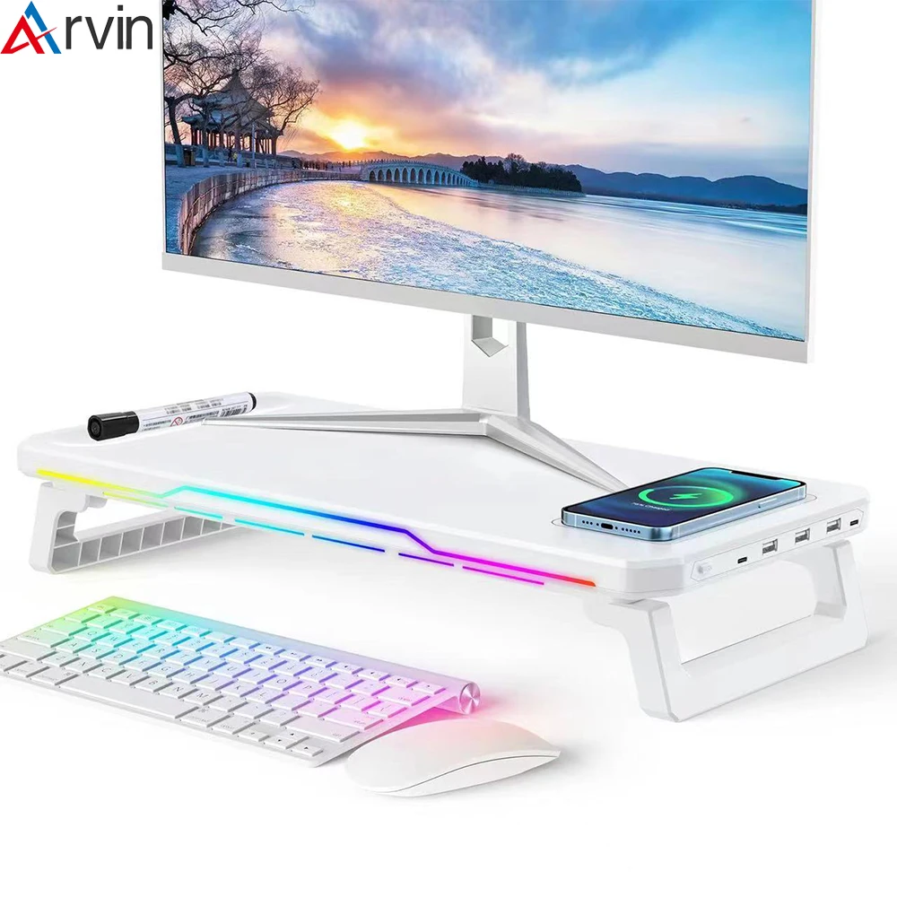 Computer Monitor Bracket RGB LED Laptop Bracket Notebook Stand Computer Monitor Support 3 USB Wireless Rechargeable Case for PC