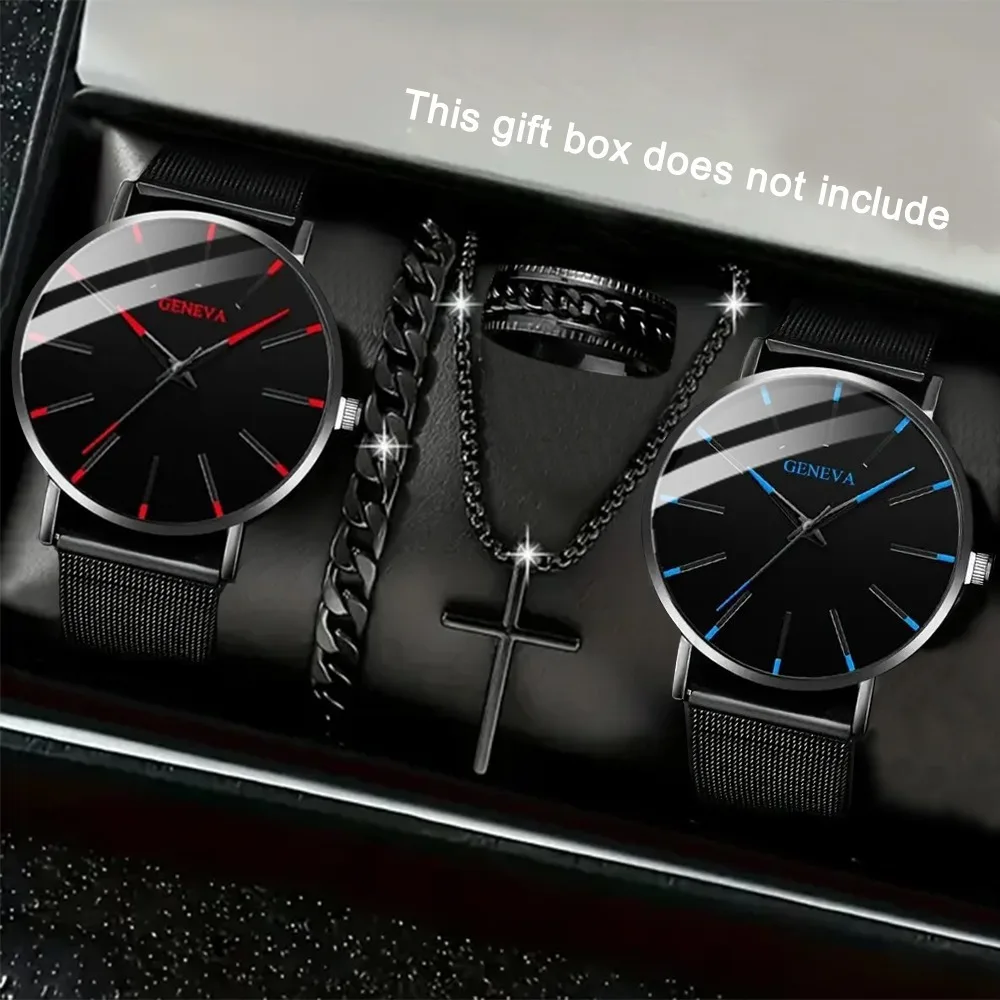 

5pcs/set Fashion Men's Quartz Watch Set Classic Pointer Design Alloy Mesh Strap Watch Necklace Bracelet Ring Ideal Gift for Men