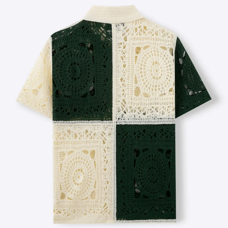 2025 ฤดูร้อนกลางแจ้งเสื้อลําลองผู้ชายถักแขนสั้นButtonedเสื้อสเวตเตอร์ถักผู้ชายVINTAGE Contrastสีถักเสื้อ