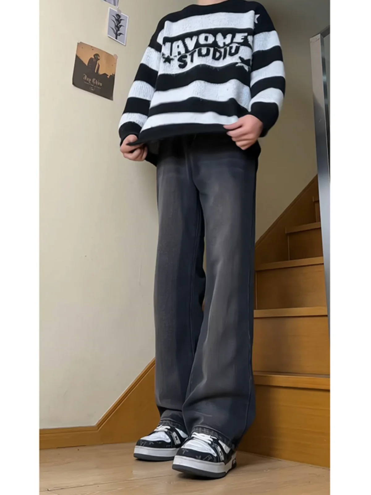 

Мужские джинсы из выстиранного денима: модные свободные брюки с широкими штанинами на резинке, в американском ретро-стиле, для молодежи, весна-осень