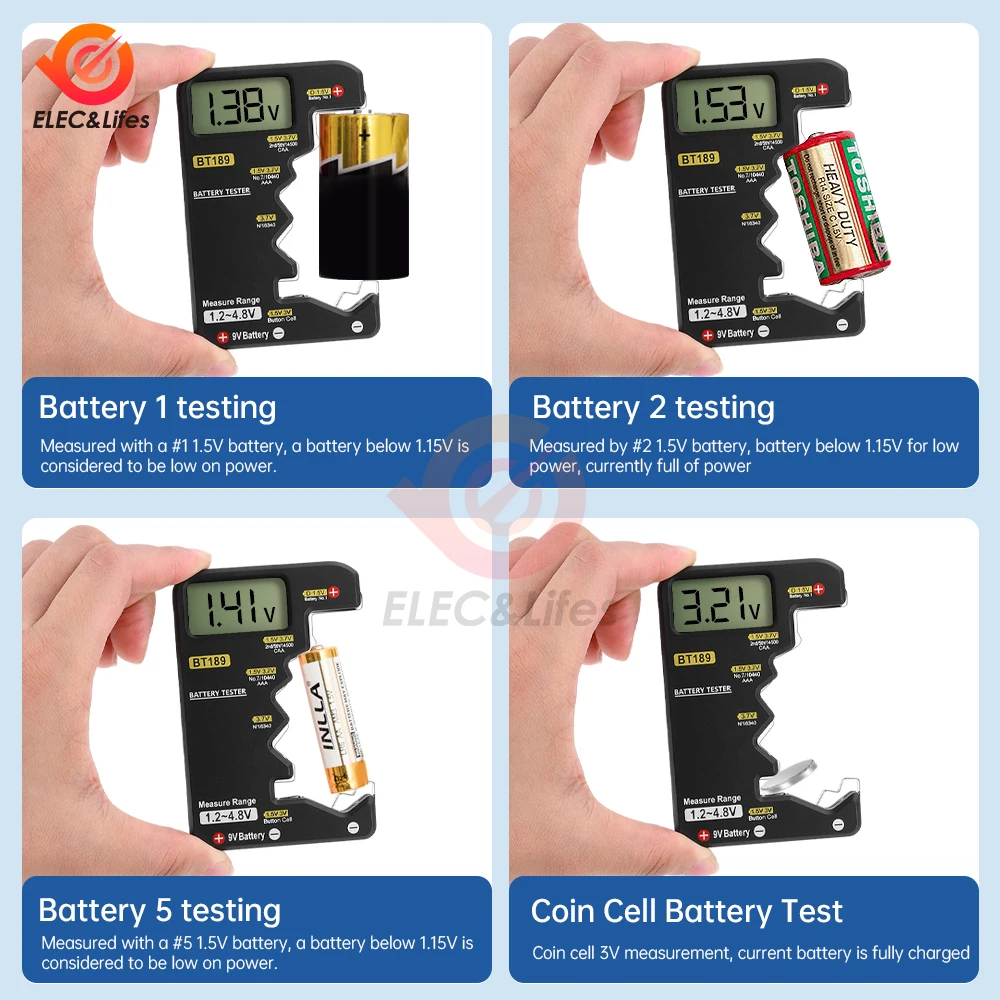 BT189 Battery Tester Universal Household LCD Display Display 9V AA AAA Button Battery Cell Tester Power Bank Detectors Tools