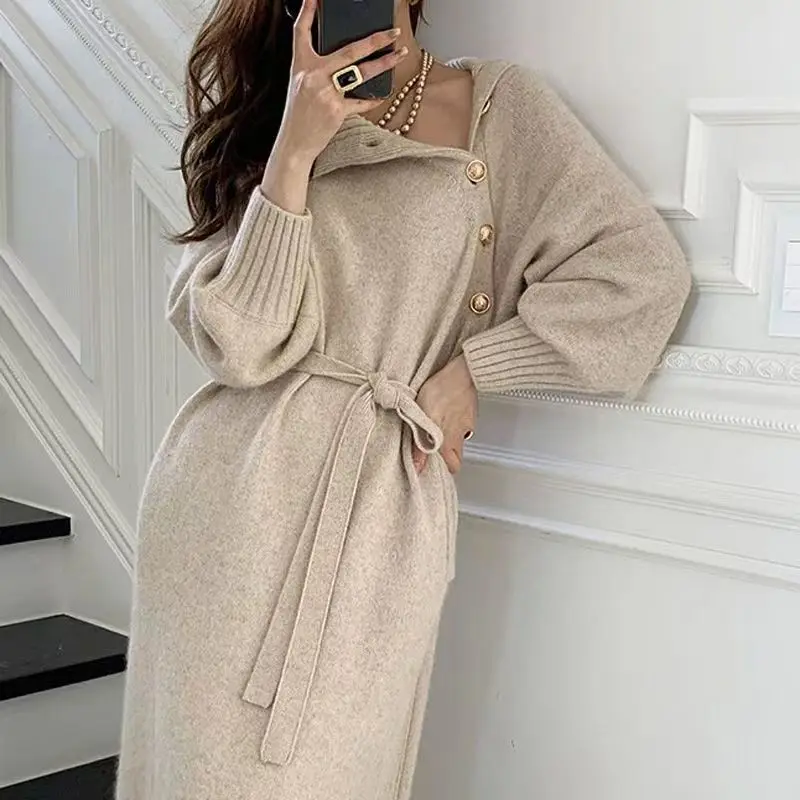 Autumn and winter pullover new style French temperament paired sweater inside long over the knee bottom knit dress women