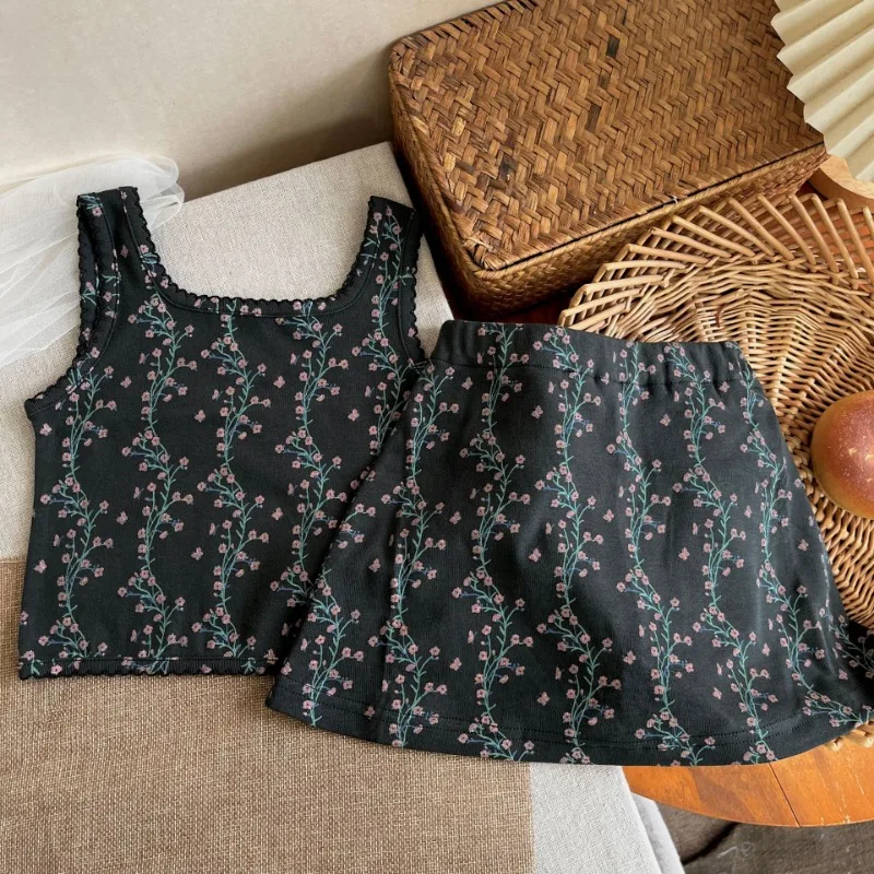 Girls' Summer Niche Floral Vest Skirt Pants Set Baby Chic Camisole Vest Dress Girls Dress Kids Dress Baby Girl Dress