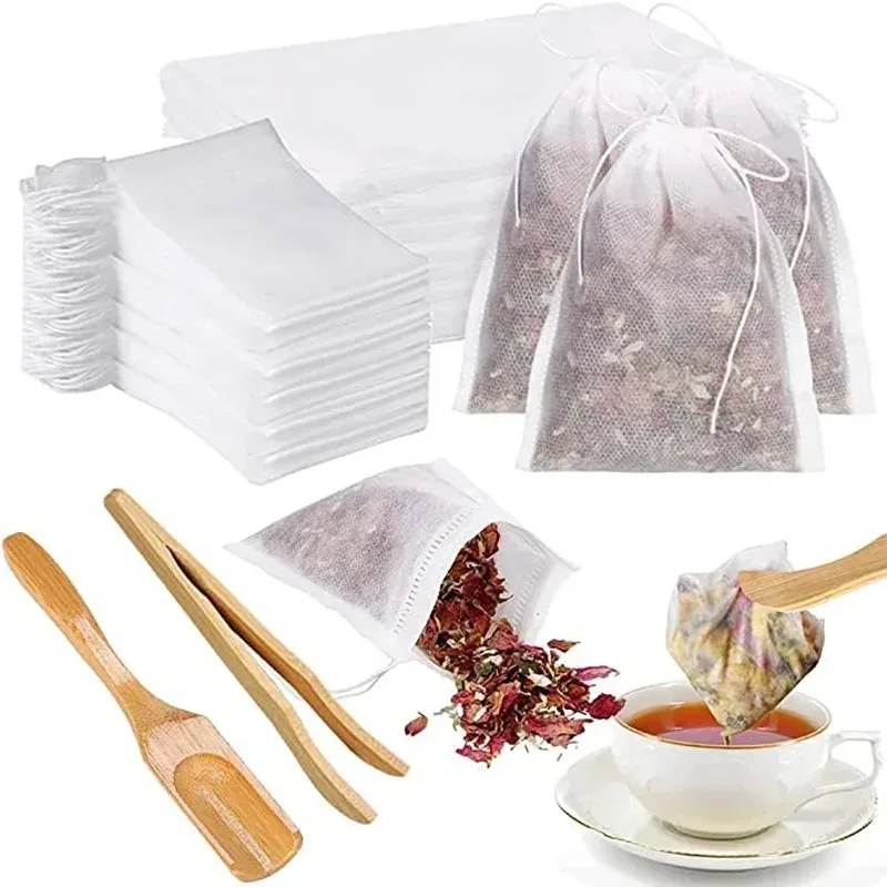 100PCS Disposable Teabags Non-woven Empty Filter Bag For Spice Tea Infuser With Drawstring Spice Filters Teabags Kitchen Tool