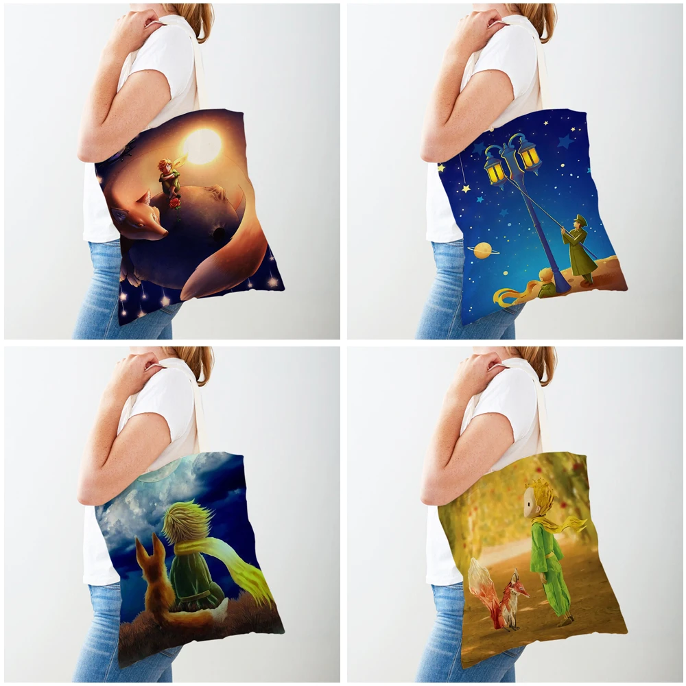 Little Prince Women Shopping Bags Double Print Fashion Classic Cartoon Anime Shopper Bag Canvas Travel Tote for Children Girl