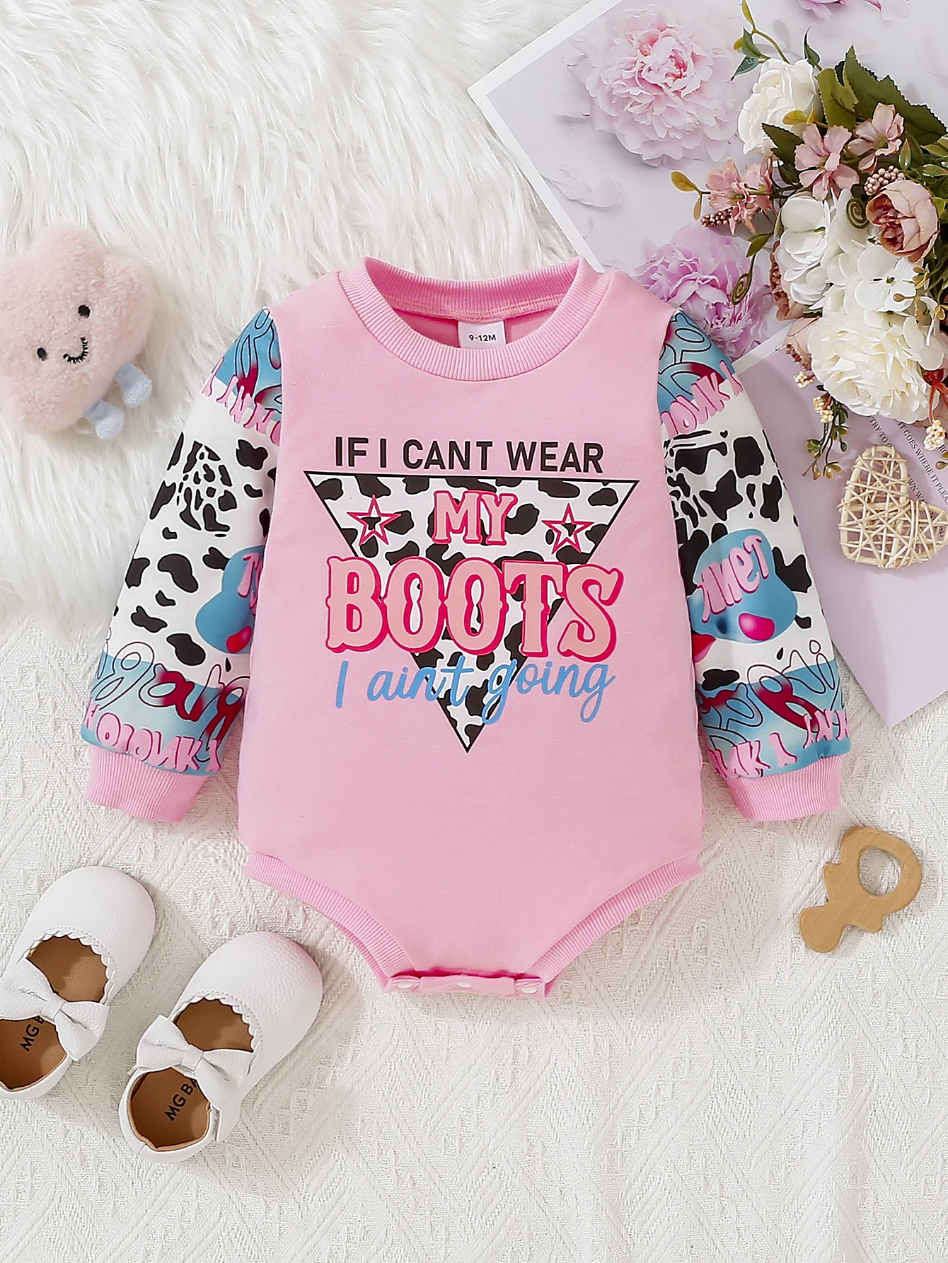 Girls Casual Spring Autumn Milk Pattern Letter Print Long Sleeve Pink Triangle Romper Onesie for Babies