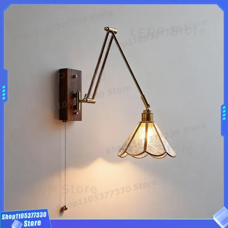 Nordic Retro Glass Wall Lamp Bedroom Bedside Living Room Background Wall B B Rocker Arm Telescopic Folding With Switch Light