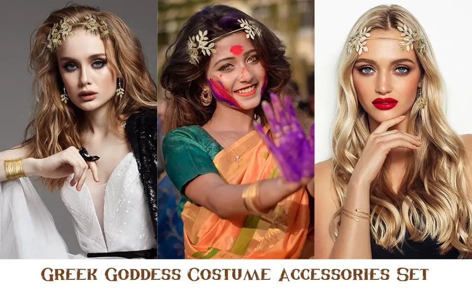 9 Pcs Greek Goddess Costume Accessories Set for Women Golden Laurel Leaf Crown Headband Upper Arm Coil Bracelet Pearl Leaf Dangle Earring Artificial Pearl Earrings Necklace Bridal Wedding