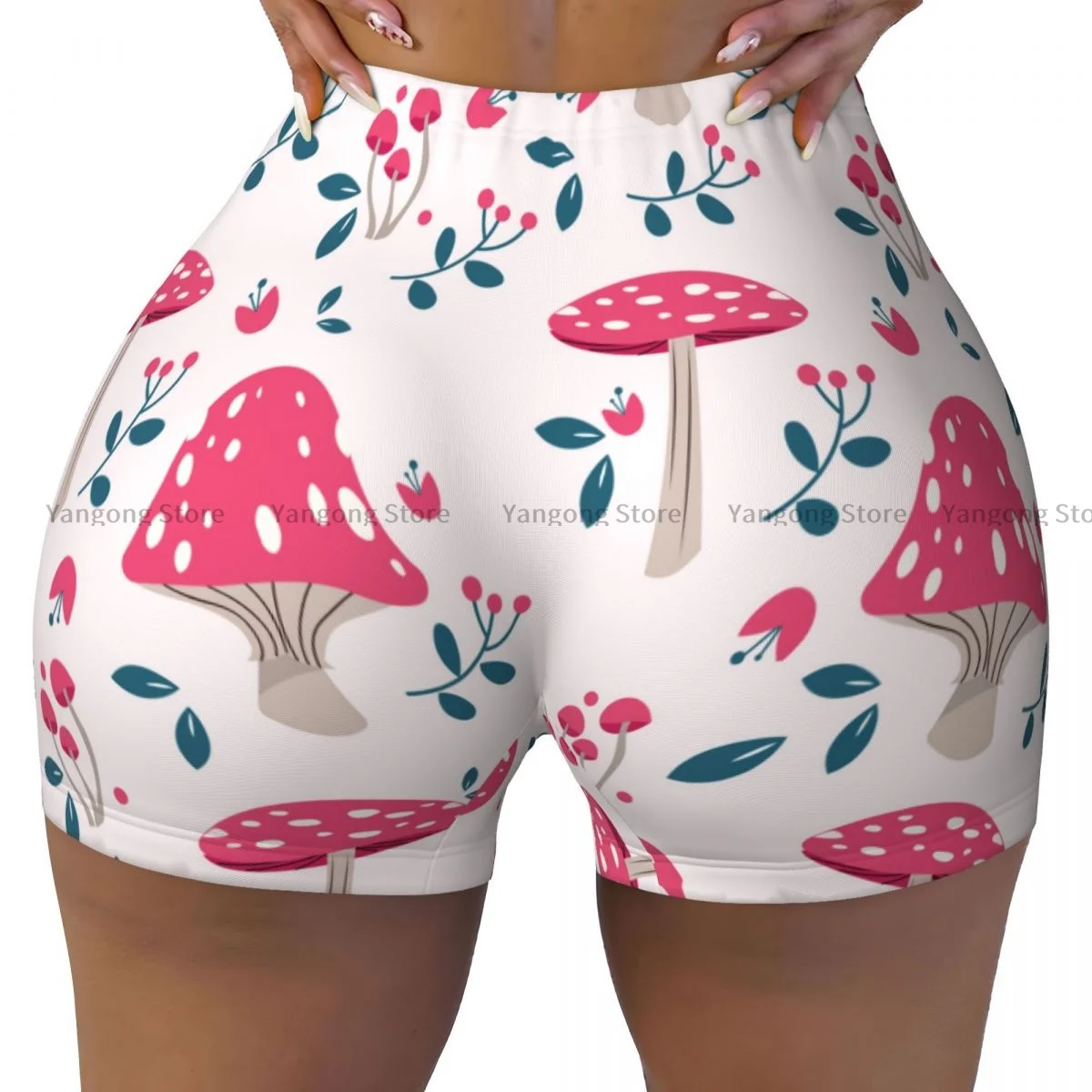 

Push Up Short Elasticity Scrunch Butt Pink Mushroom Pattern Running Shorts Sports Shorts Womens Clothes Gym