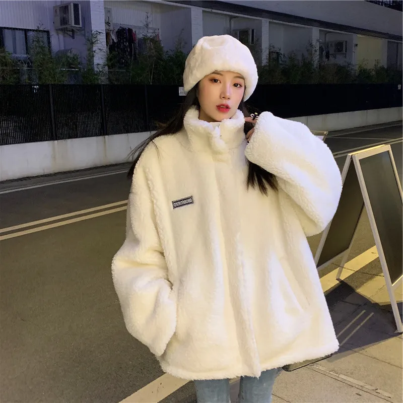Women Winter Thicken Lamb Wool Coat Faux Fur Warm Stand Collar Outerwear Female Zipper Loose Jacket Full Sleeved Sweatshirts
