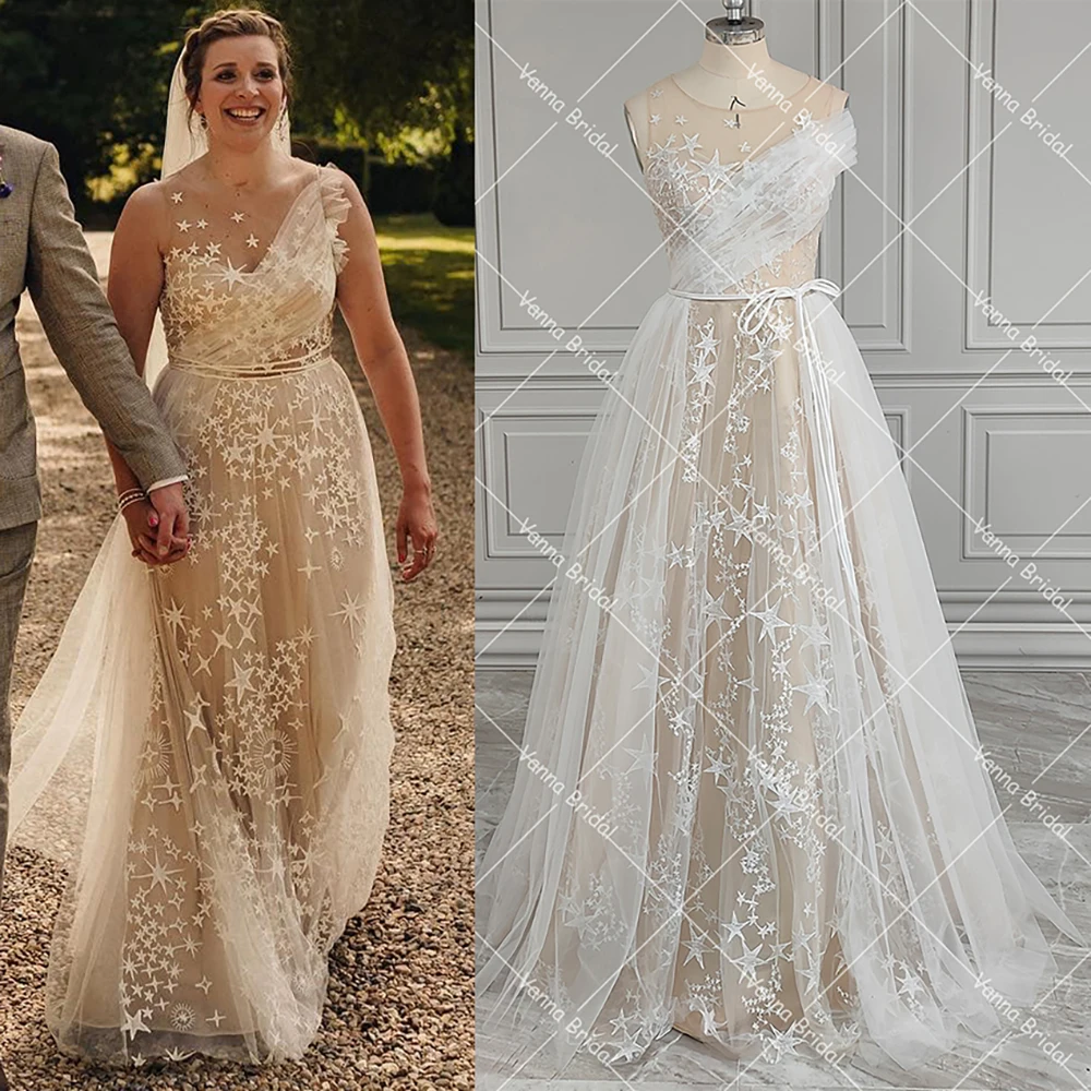 A Line Stars Unique Ruched Tulle Sheath Wedding Dress Custom Made Illusion Back Rustic Sleeveless Maxi Starry Bridal Gowns