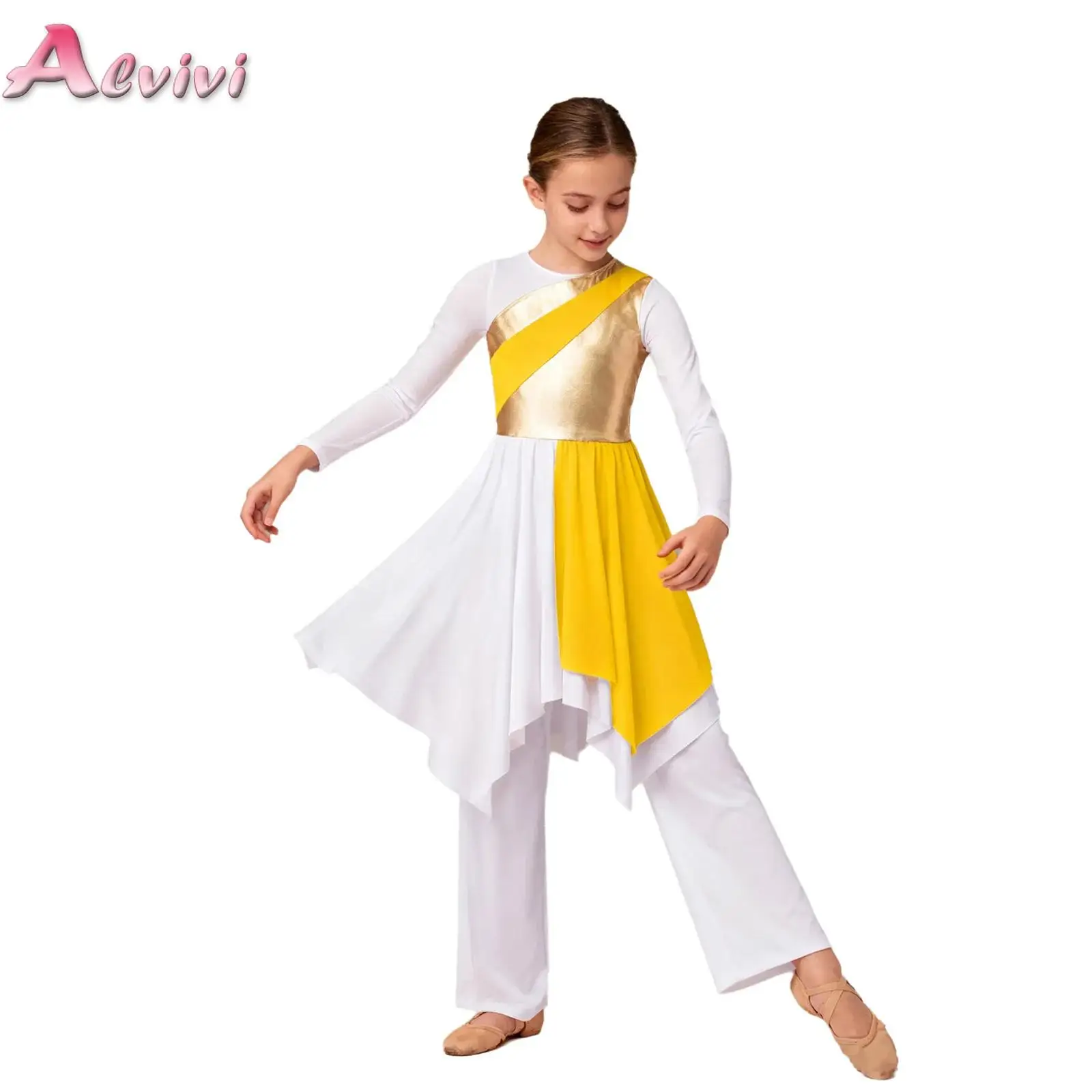 

Girls Long Sleeve Loose Fit Full Length Praise Modern Dance Dress for Girls Worship Liturgical Metallic Costume Dress+Pants Set