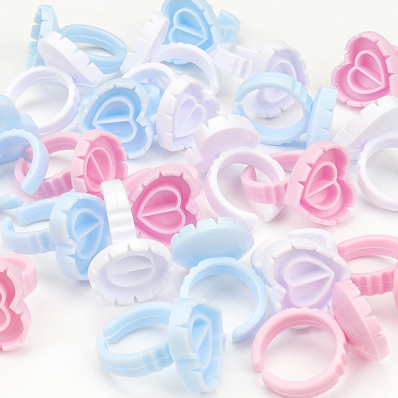 100Pcs Flower Heart Shape Eyelash Extension Glue Ring Cup Lash Blooming Glue Holder Ring Tray False Eyelash Grafting Tools