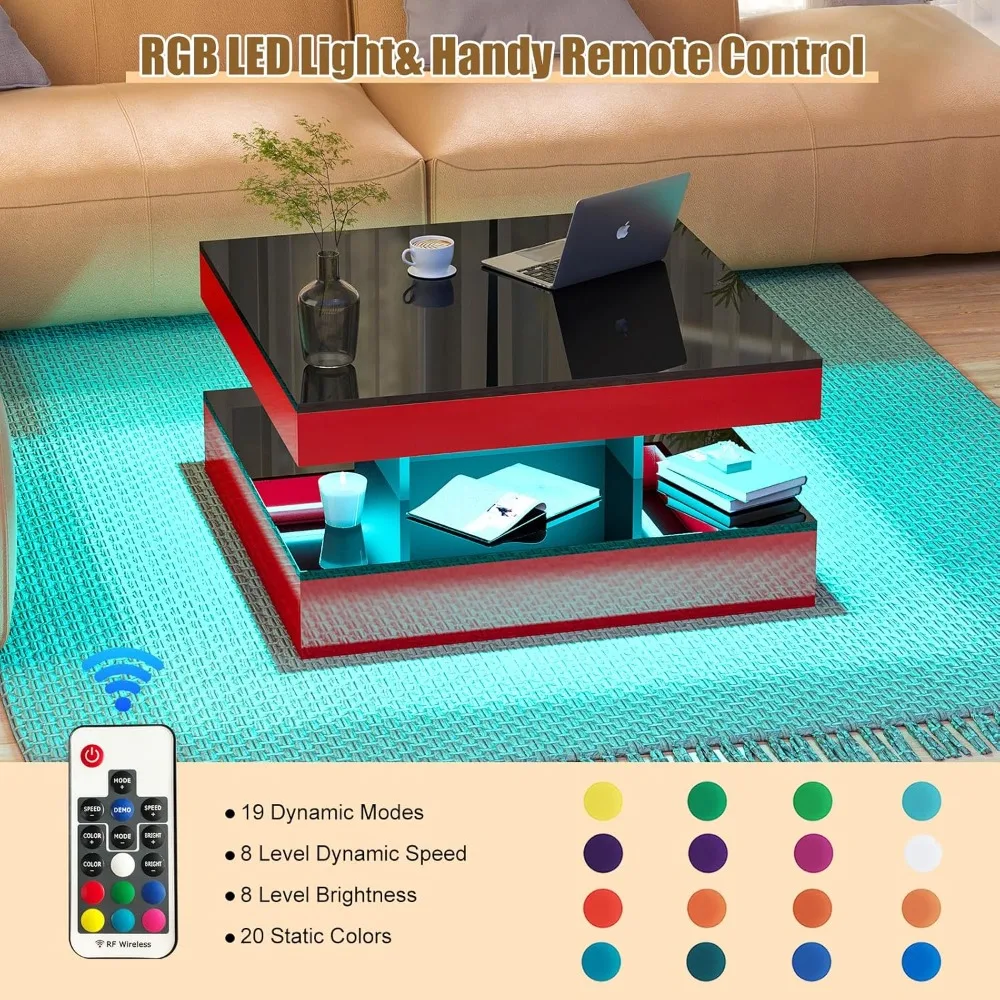 Красный светодиодный журнальный столик для гостиной, стол для гостиной, 2-уровневый квадратный современный глянцевый современный деревянный журнальный столик