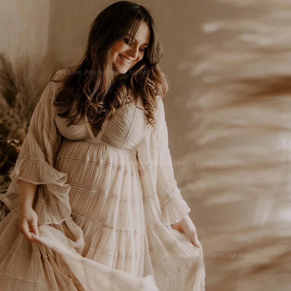 Boho Maternity Dresses For Photo Shoot Sexy V-neck Pleated Chiffon Long Sleeve Ruffle Pregnancy Dress Women\'s Photography Gowns
