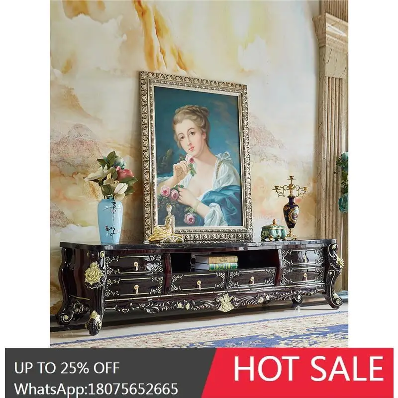 

HLZ European Style TV Cabinet and Coffee Table Set, All Solid Wood Carved Large Apartment Living Room Floor Cabinet