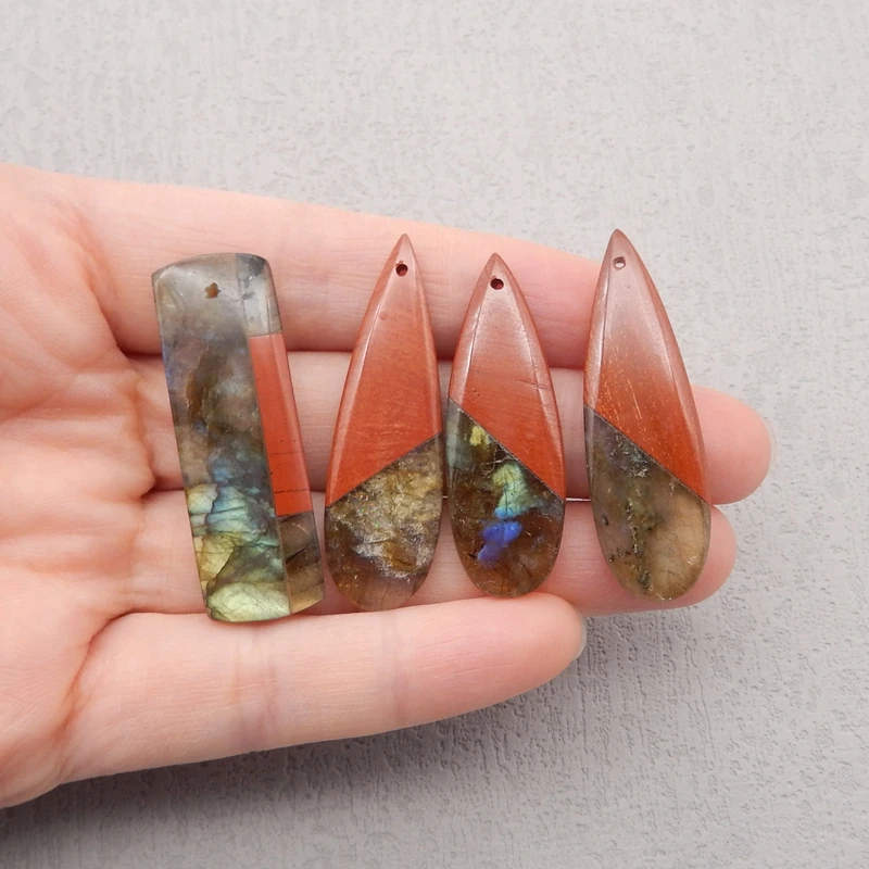 4Pcs Natural Stone Intarsia Pendants For Jewelry Making,Labradorite Lapis Lazuli Pendants,DIY Necklace,42x14x4mm,17g