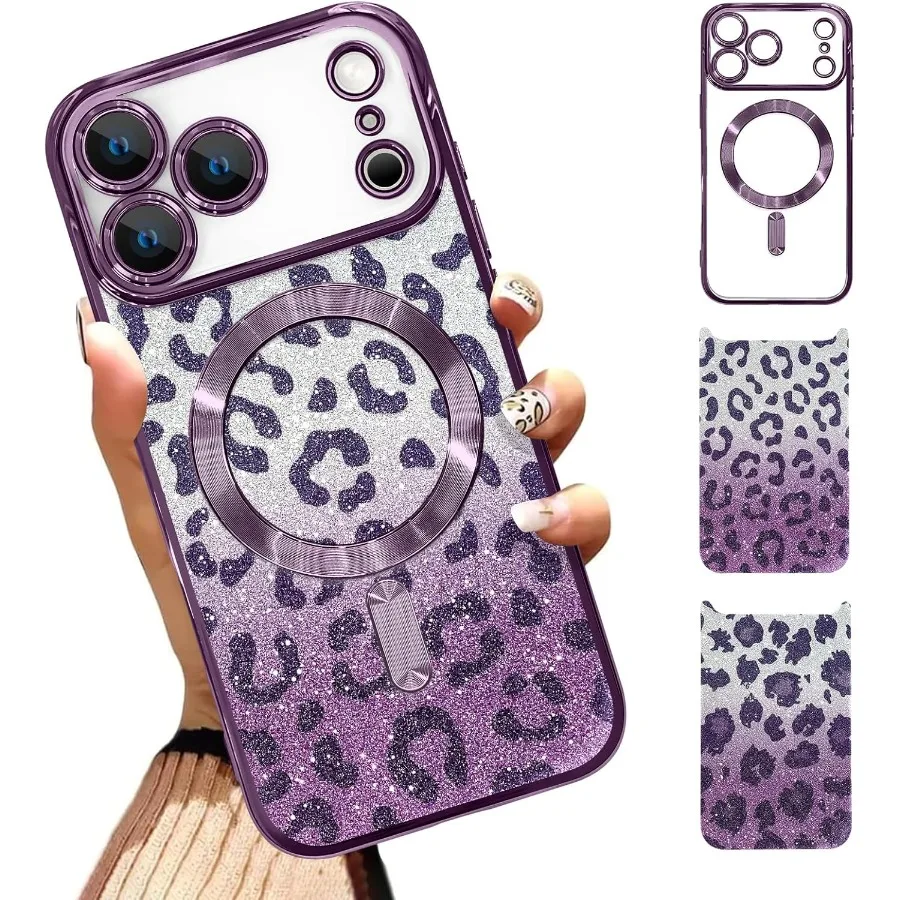 

Чехол подходит для iPhone 17 Pro Max 6,9 дюйма с MagSafe-совместимым блестящим магнитным чехлом для телефона с 2 предметами Leopard P