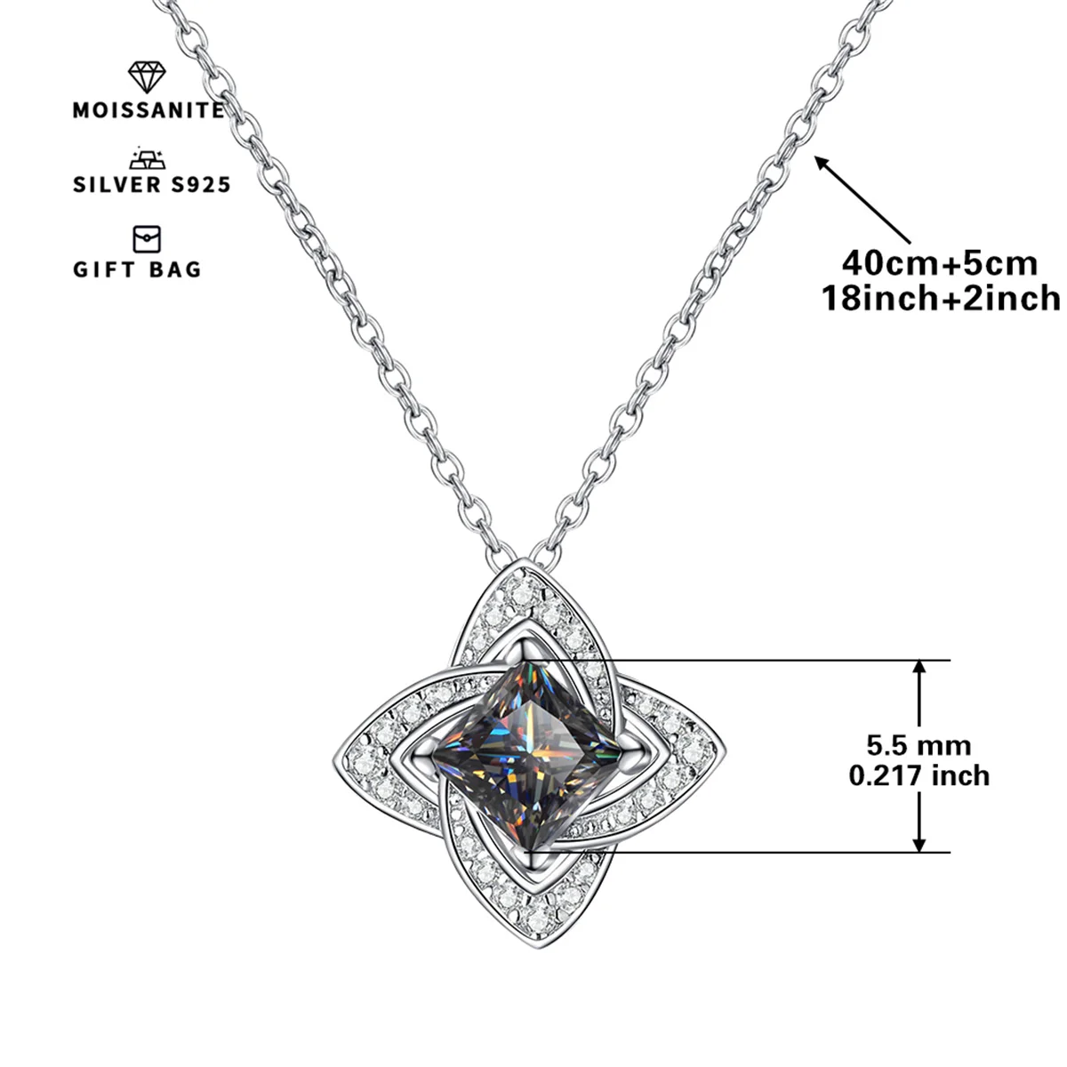 สีเทา GRA moissanite Four-leaf Square clavicle CHAIN S925 Silver Platinum ชุบสร้อยคอผู้หญิงจี้,อุปกรณ์ตกแต่ง