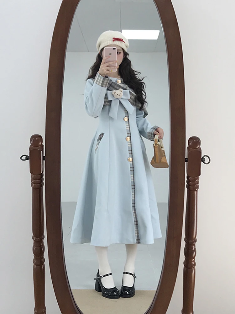 الكورية Sle الحلو حجم صغير الخصر Cinched التخسيس معطف الصوف المرأة شتاء جديد طويل منقوشة الربط معطف ألياف البوليستر