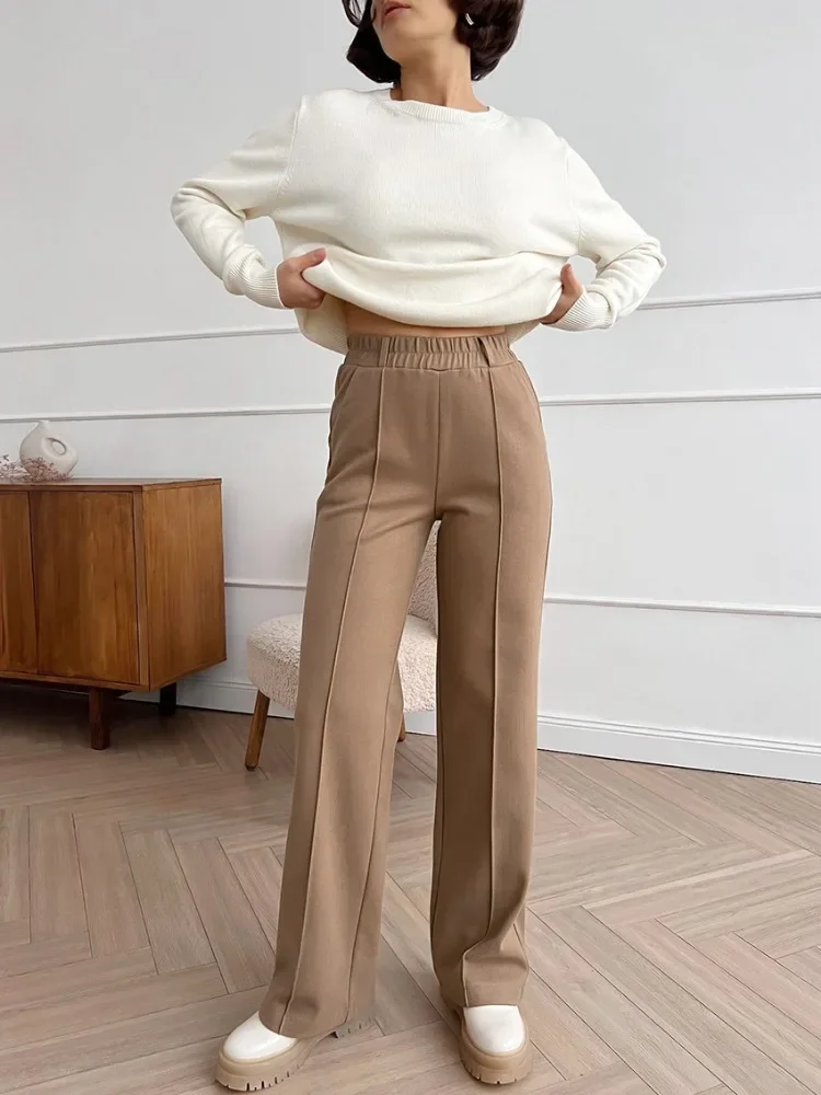 HOUHZOU Women's Winter Pants Thick Warm Loose Classic Long Wide Leg Trousers Thermal Brown Beige Wool Long Pants for Women 2024