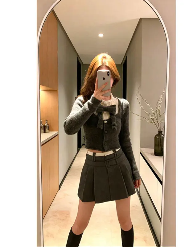 

Parisian Love Book Handmade Beaded Knot Sweater Top with Color Blo Skirt Set Casual Sle Polyester Fabric