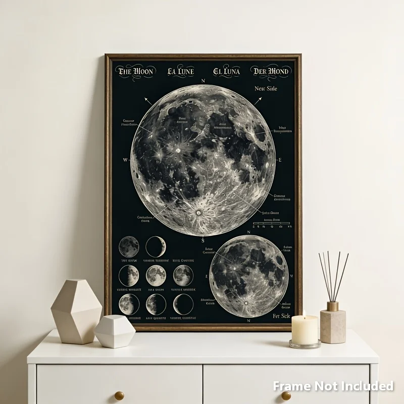2D Flat, 1pc Vintage Moon Phase Chart Wall Art Print, Vintage Lunar Map & Phases Poster, Unframed Celestial Astronomy Canvas