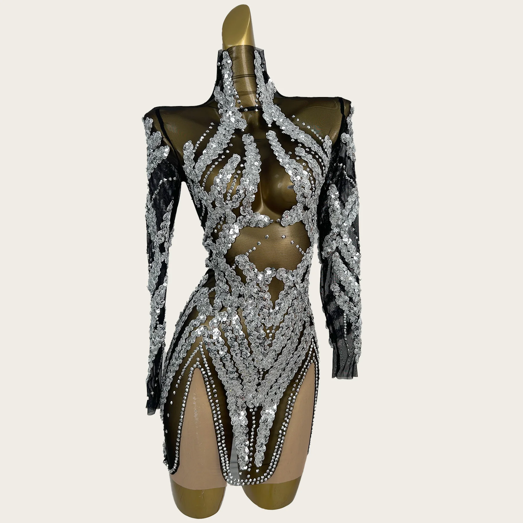 

Black See Through Mesh Sparkly Sequins Mini Dress Bar Carnival Party Outfit Drag Queen Performer Wear Dance Short Dress Yinsen