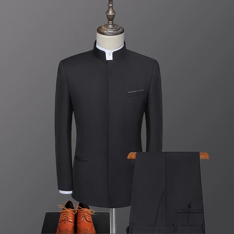 youth-tailored-men's-suit-with-stand-collar-performance-wedding-chinese-style-clothing-polyester-fabric