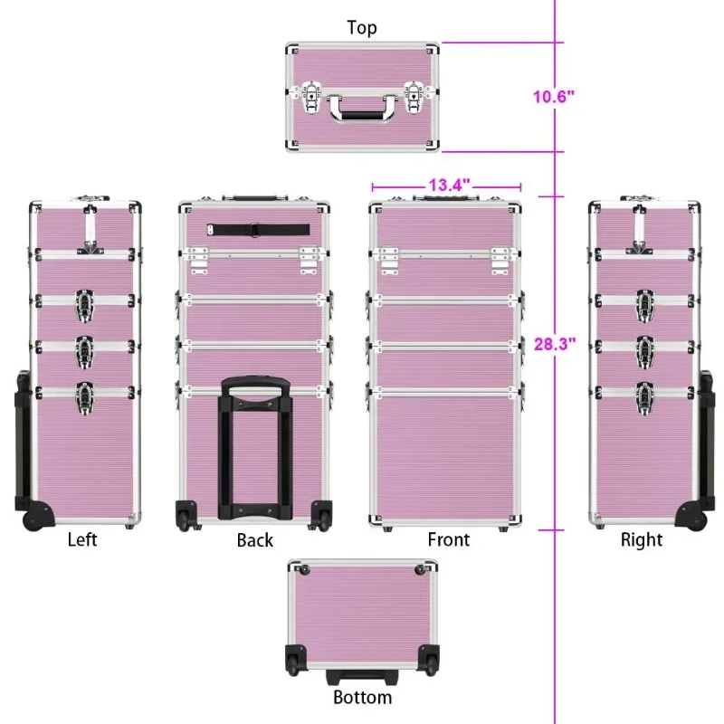 Makeup Train Case 4 in 1 Professional Cosmetics Rolling Organizer Aluminum Frame and Folding Trays Pink