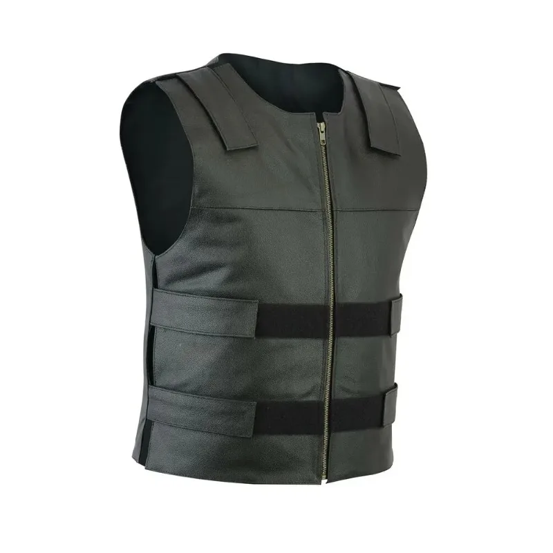 Men's Casual Vest, Solid Color, Versatile Bulletproof Leather Motorcycle Vest