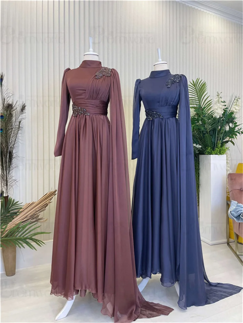Elegant Muslim Prom Dresses for Women Party Wedding Evening Gowns Chiffon Beaded Long Sleeves Formal Dress Arabic Dubai